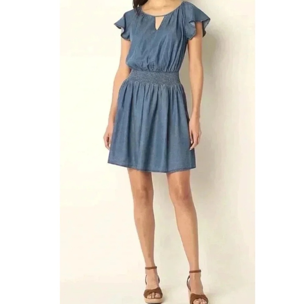 Frye and Co Chambray mini dress Flutter sleeves Boho dress Size L Cottagecore